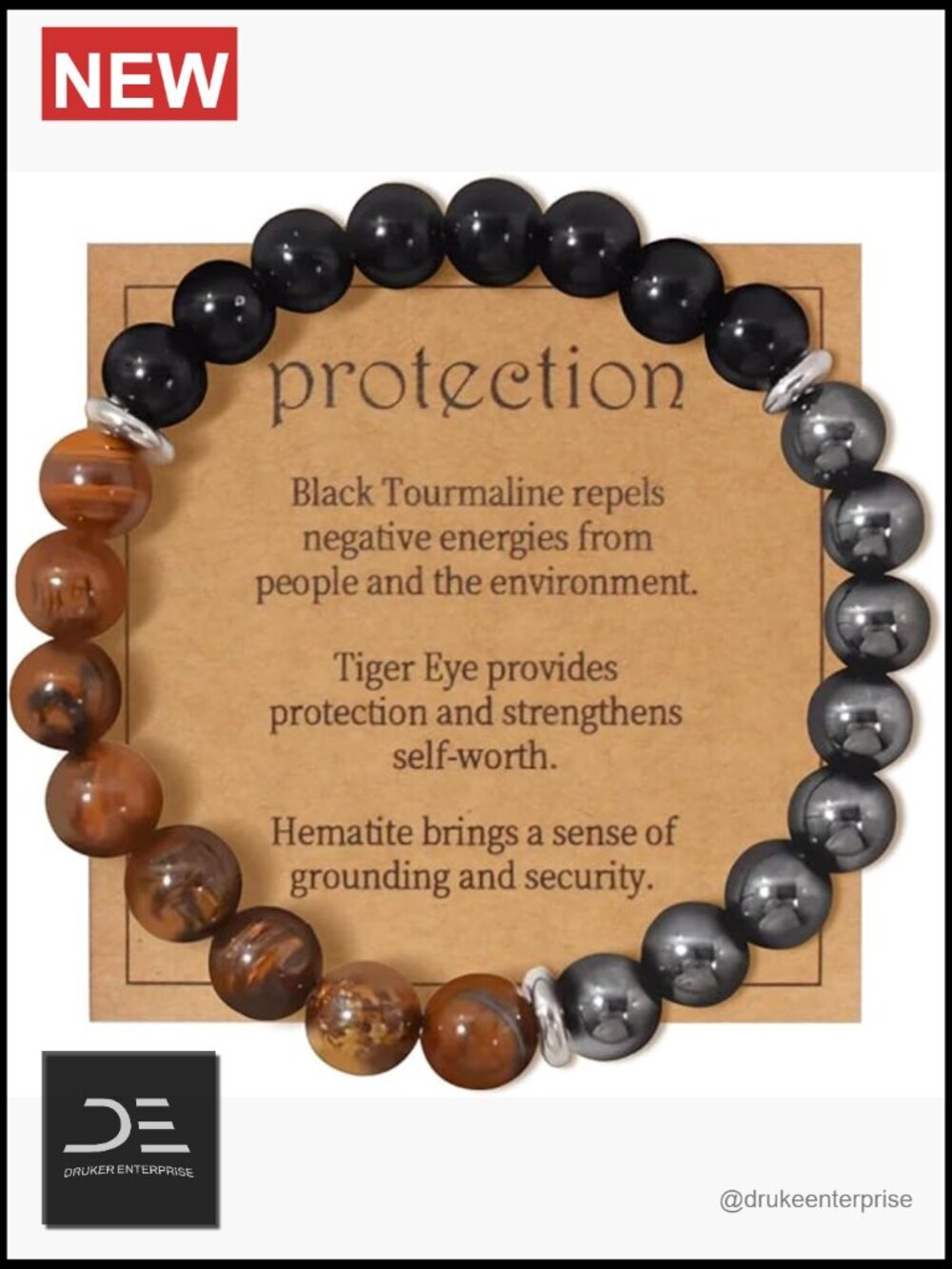 Triple Protection Beaded Bracelet for Men, 8mm Tumbled Stones, Stretch Bracelet